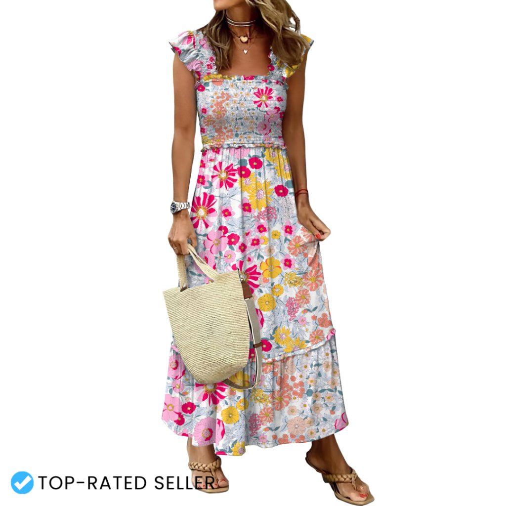 Boho Maxi Dress Square Neck Sleeveless Smocked Ruffle Strap Flowy A-Line